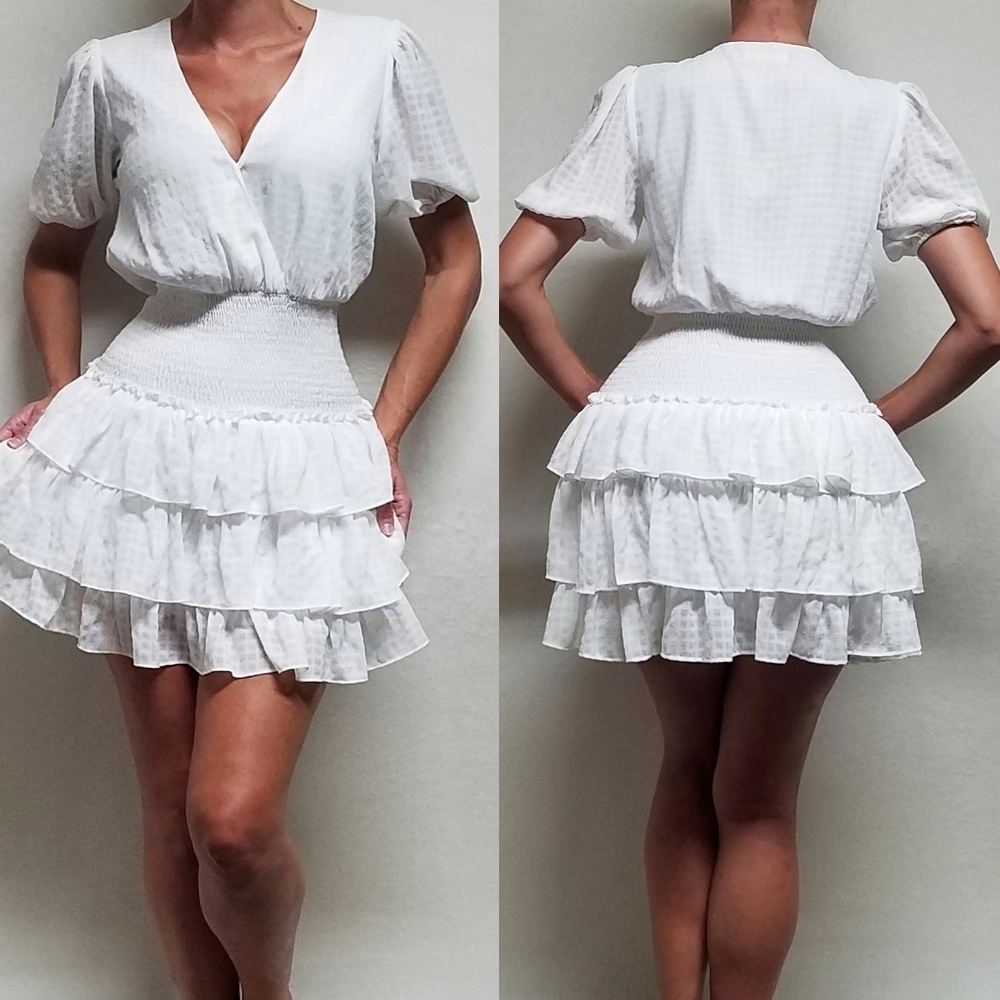 Vestique White Gingham Plaid Embossed Shirred Tiered Ruffle Surplice Mini Dress
